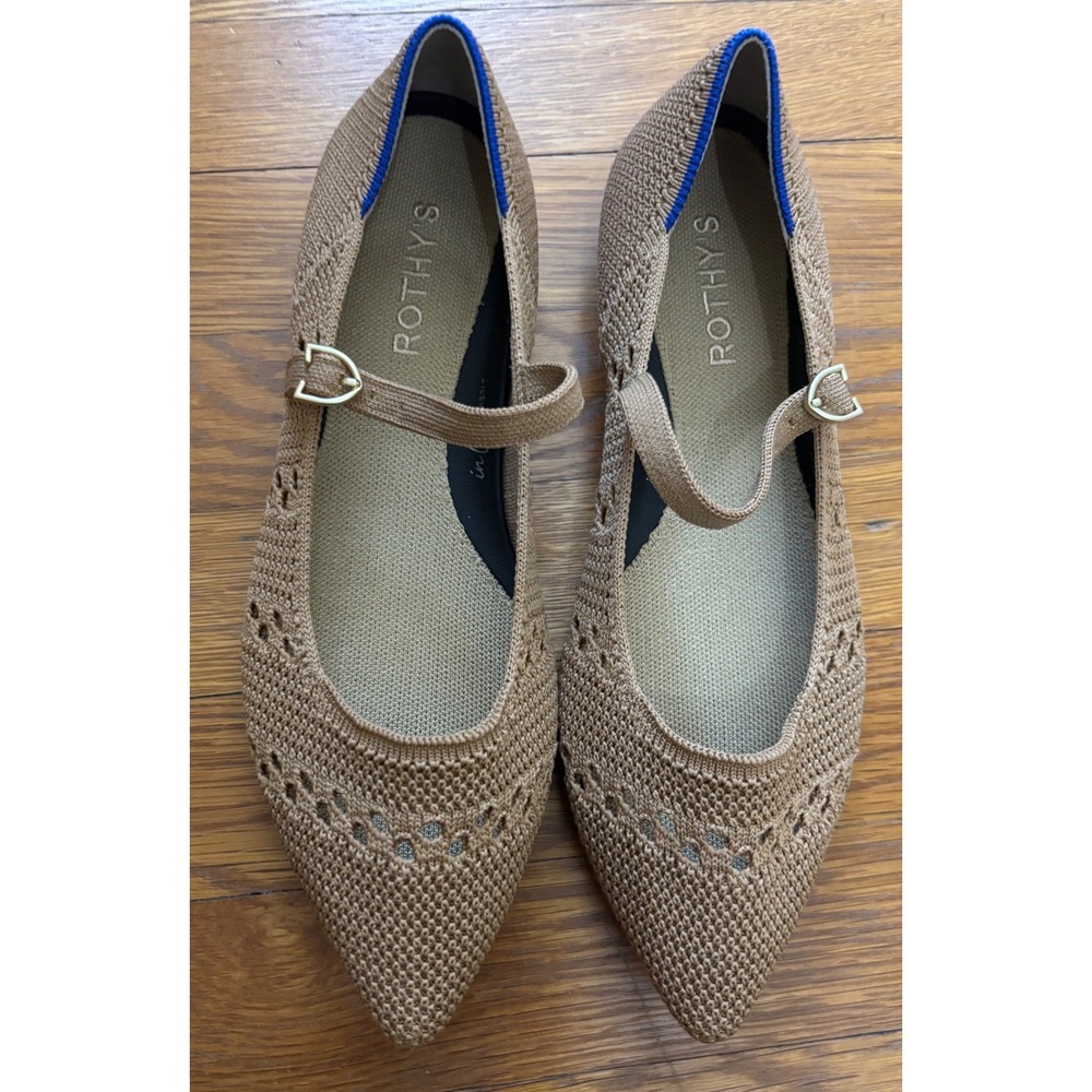Rothy's The Point Mary Jane II in Wren Crochet Knit Sz 8 Camel, Cottagecore